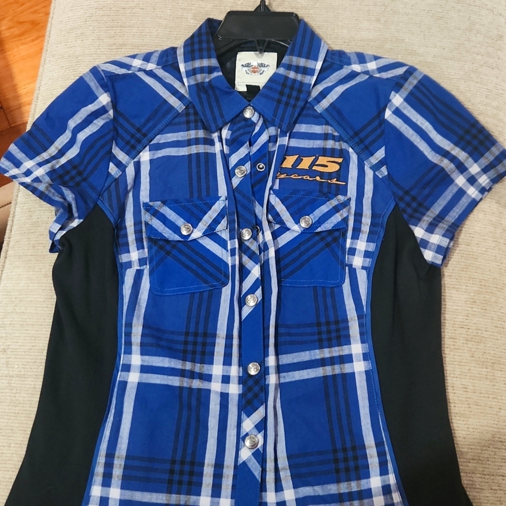 Harley-Davidson Blue Plaid Short-Sleeve Button-Up Top